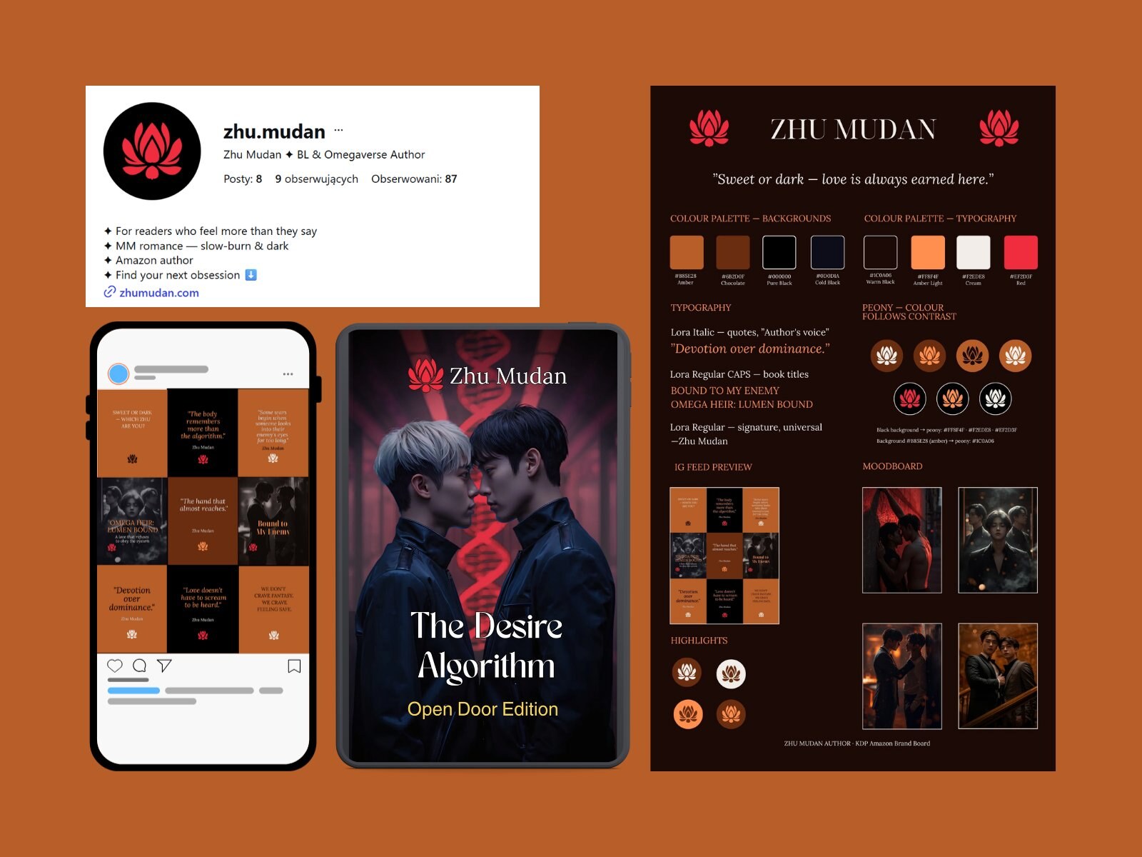 Zhu Mudan — bio na Instagramie, układ postów i okładka książki złożone w jeden system marki