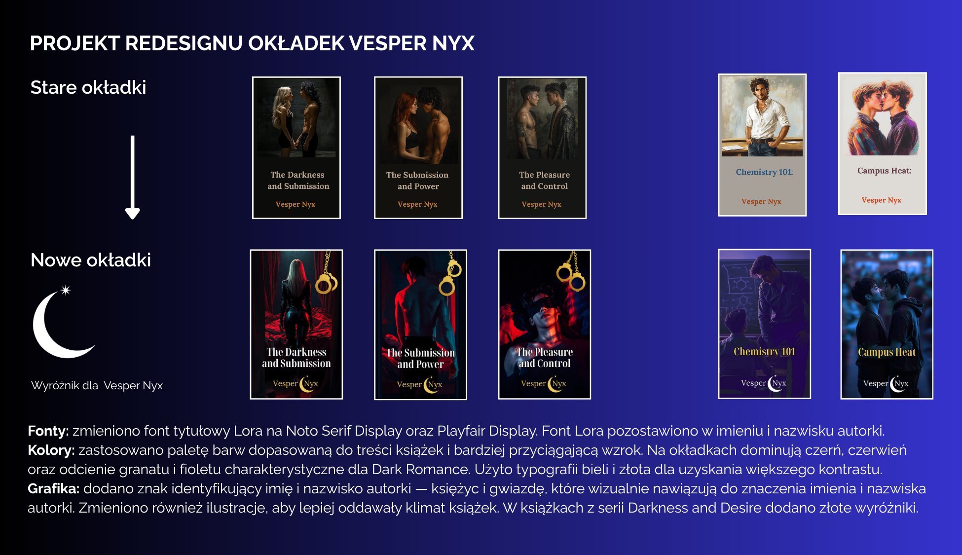 Projekt redesignu okładek Vesper Nyx — stare okładki obok nowych, ze znakiem księżyca
